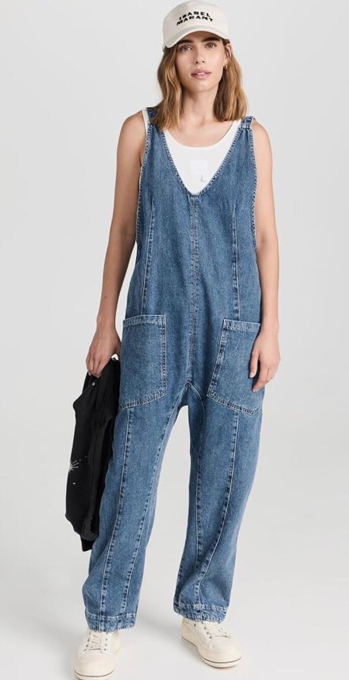Free People Boho Denim Jeans Jumpsuit Blue Oversize Size XS